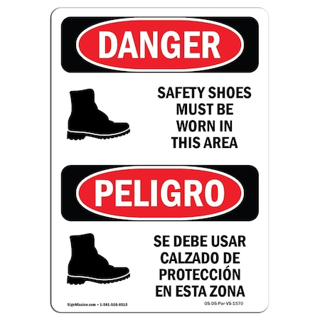 Signmission OSHA Sign, Shoes Must Worn Area Bilingual, 18in X 12in Rigid Plastic, 12" W, 18" H, Spanish OS-DS-P-1218-VS-1570